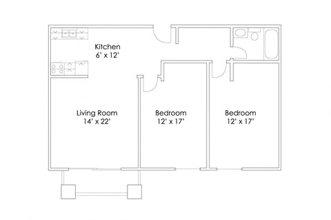 Floor plan for 2 beds, 1 bath, 700 sqft